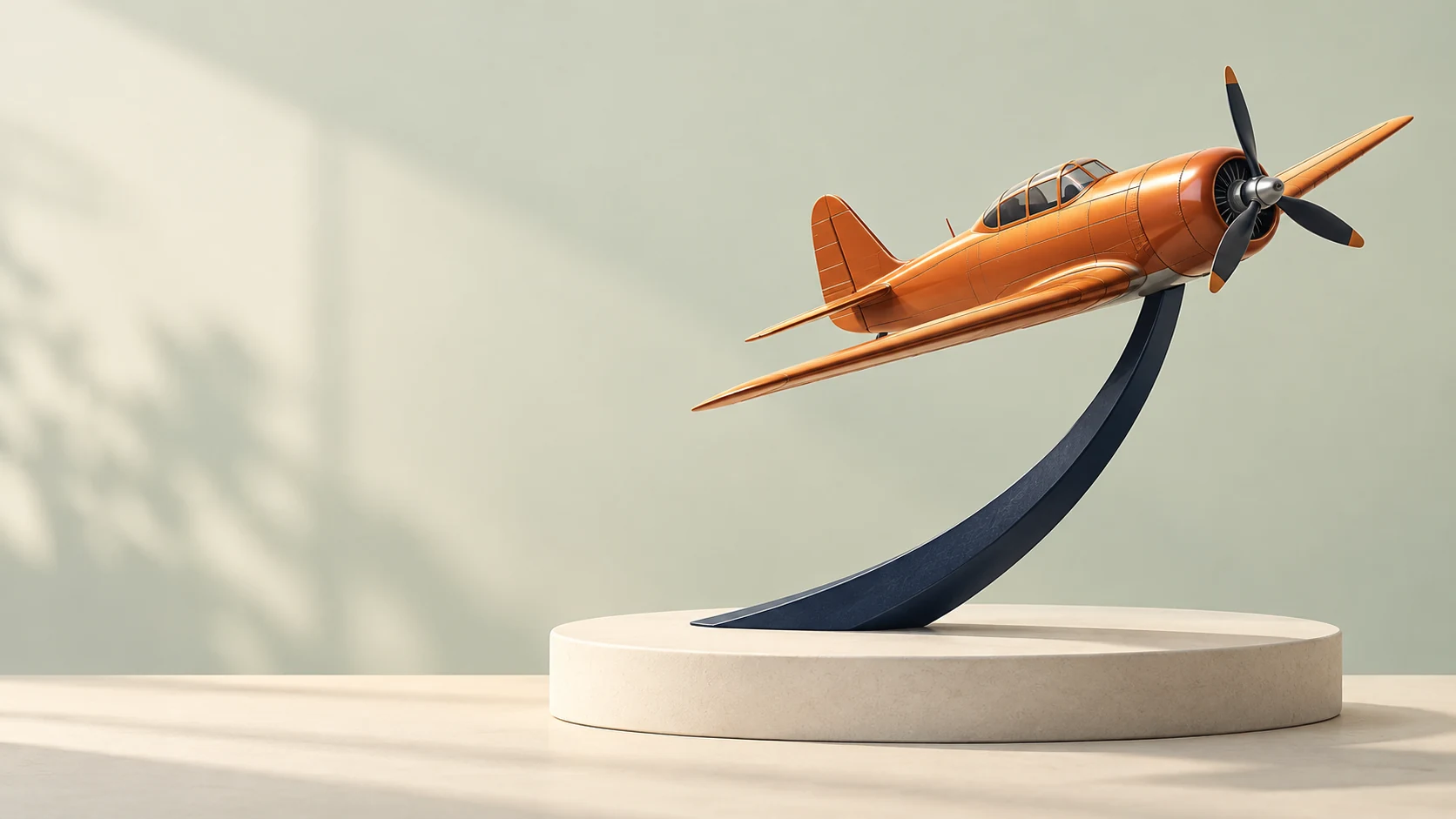 An amber model propeller airplane on a curved navy stand